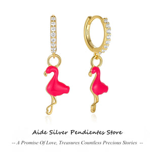 Red Enamel Flamingo Dangle Earrings 925 Sterling Silver