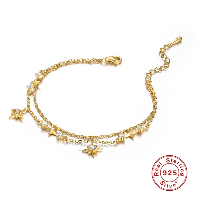 Double Layer S925 Silver Star Zircon Bracelet Chain for Women's 18K Jewelry