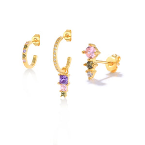 3pcs Pink Stone Stud Earrings Silver Piercing Girls Jewelry CZ