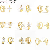 925 Sterling Silver Star Moon Hoop Earrings Mini Cross Zircon Jewelry