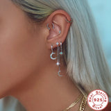 925 Silver Double Tassel Chain Earring Piercing Star Moon Ear Stud Earrings