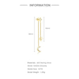 925 Silver Double Tassel Chain Earring Piercing Star Moon Ear Stud Earrings