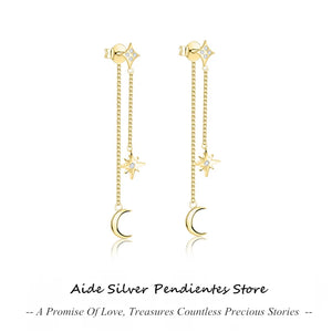 925 Silver Double Tassel Chain Earring Piercing Star Moon Ear Stud Earrings