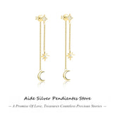 925 Silver Double Tassel Chain Earring Piercing Star Moon Ear Stud Earrings