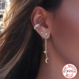 925 Silver Double Tassel Chain Earring Piercing Star Moon Ear Stud Earrings