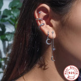 925 Silver Double Tassel Chain Earring Piercing Star Moon Ear Stud Earrings