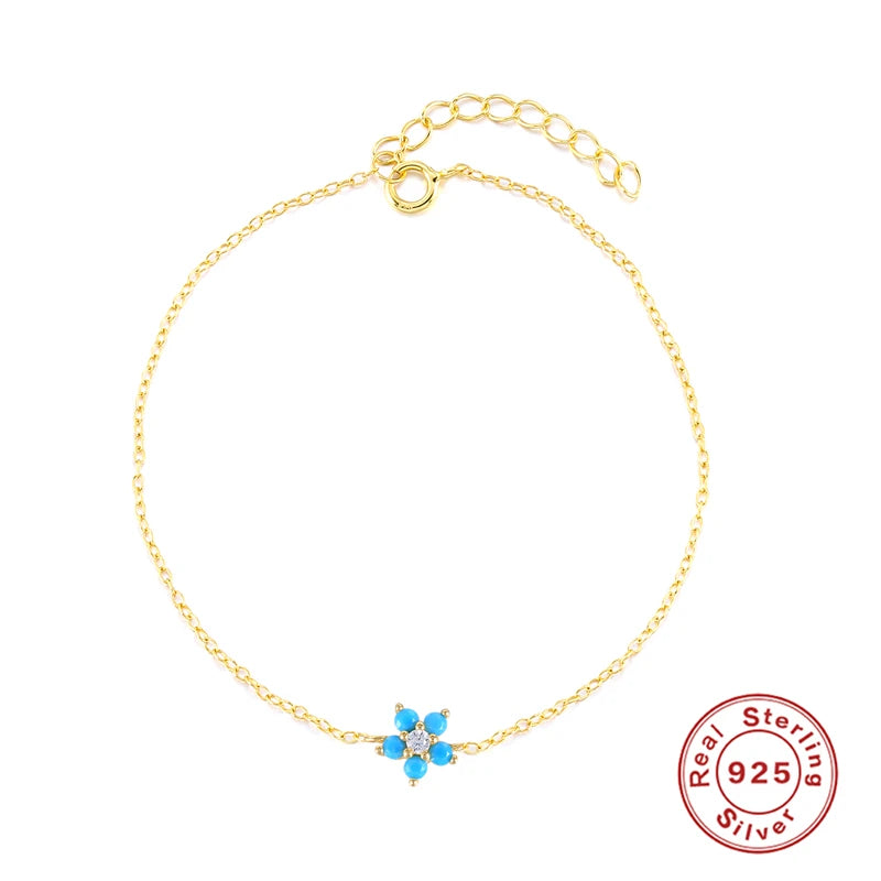 925 Sterling Silver Turquoise Flower Charm Bracelet for Women