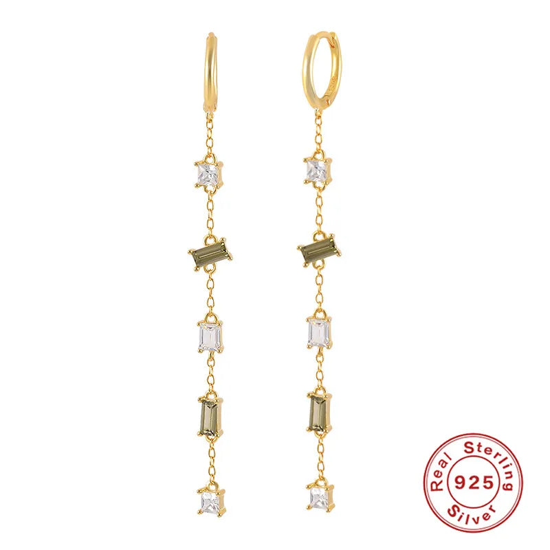 925 Silver Hoop Earring with Olive Green Zircon Tassel Chain for Women