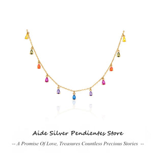 925 Silver Colorful Zircon Necklace Water Drop Round Disc