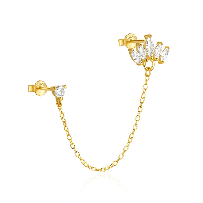 925 Silver Double Studs Earrings Clear Zircon Tassel Earrings