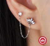 925 Silver Double Studs Earrings Clear Zircon Tassel Earrings
