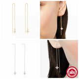 925 Silver Dangle Earrings Minimalist Tassel Four-leaf Zircon Studs