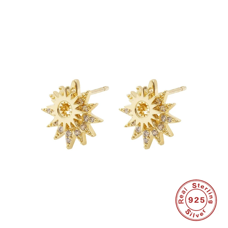 925 Silver Sun Zircon Stud Earrings Girls Gift