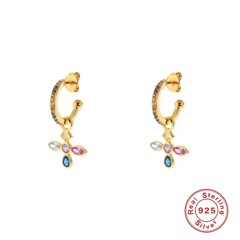 925 Silver Zircon Cross Stud Earrings for Women Girls