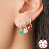 925 Silver Enamel CZ Pink Purple Round Pendant Hoop Earrings Women Girl Jewelry