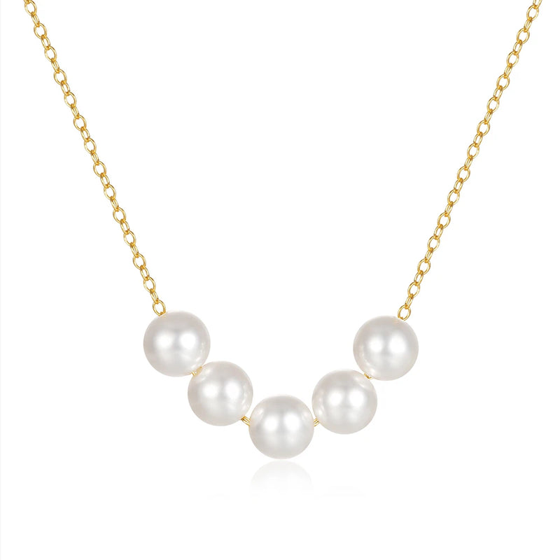 925 Sterling Silver 5 Pearl Choker Necklace Girl Christmas Pendant Clav
