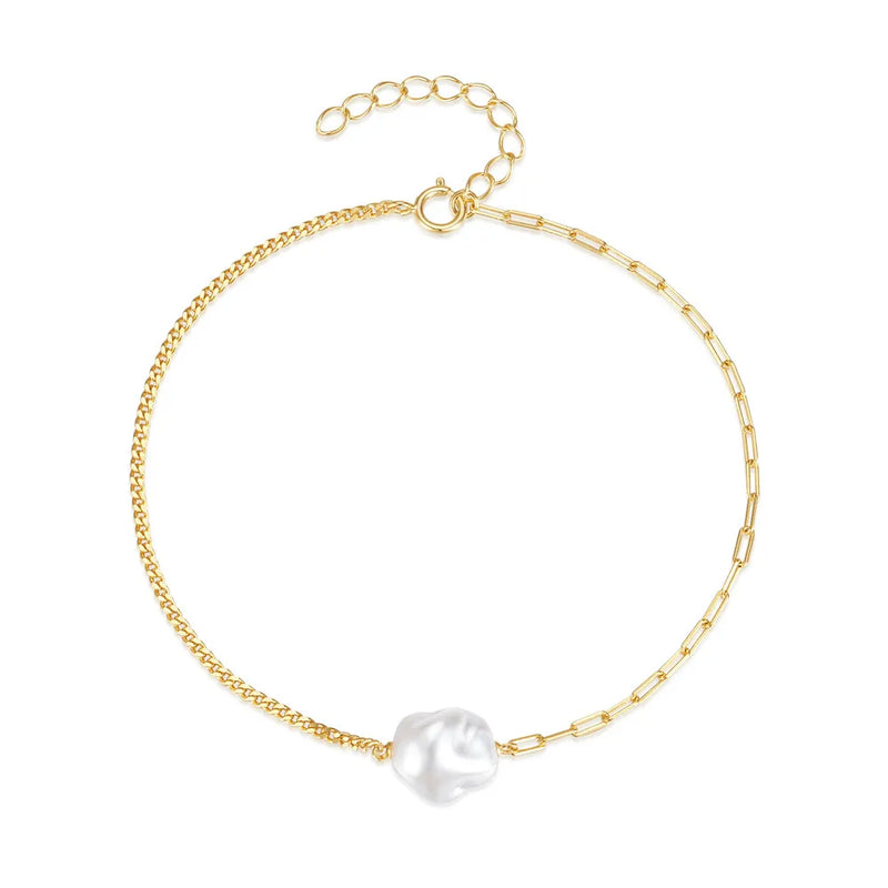 925 Silver Irregular Pearl Women's Bracelet Paper Clip Double Combo Bracelets
