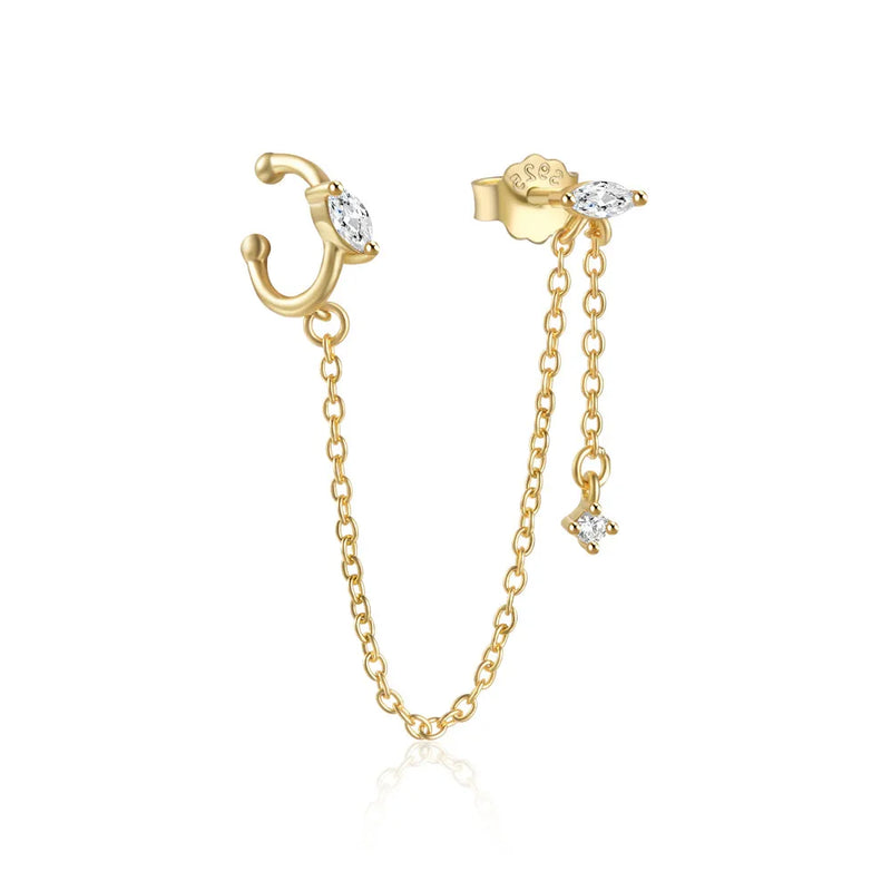 925 Silver Rhinestone Zircon Stud Earring Women Cuff Chain Tassel