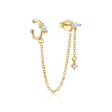 925 Silver Rhinestone Zircon Stud Earring Women Cuff Chain Tassel