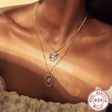 925 Silver Necklace Oval Compass Print 18k Plated Men Women Punk Gift