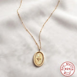 925 Silver Necklace Oval Compass Print 18k Plated Men Women Punk Gift