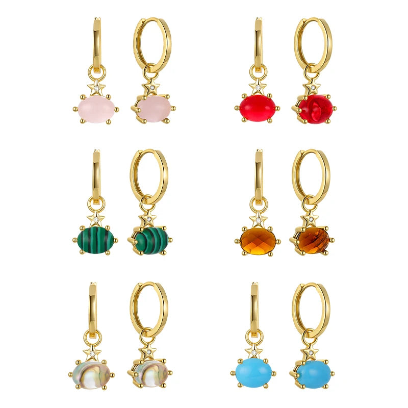 925 Silver Oval Natural Stone Pendant Earrings - 6 Styles