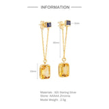 925 Silver Long Chain Earring Yellow Zircon Studs