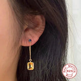 925 Silver Long Chain Earring Yellow Zircon Studs