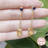 925 Silver Long Chain Earring Yellow Zircon Studs