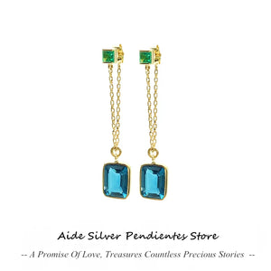 925 Silver Long Chain Earring Yellow Zircon Studs