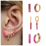 925 Silver Pink Zircon Hoops Earrings Enamel Piercing Earings Gift