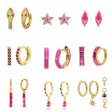 925 Silver Pink Zircon Hoops Earrings Enamel Piercing Earings Gift
