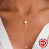 925 Silver Long Chain Necklace with Round Pearl Charm