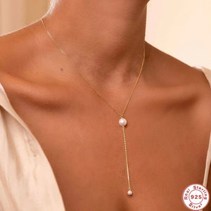925 Silver Long Chain Necklace with Round Pearl Charm