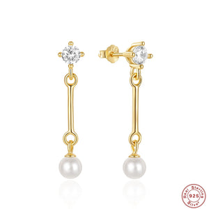 925 Silver Sparkling Zircon Earrings Pearls Bridal Wedding Drop Earrings