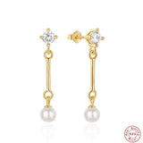 925 Silver Sparkling Zircon Earrings Pearls Bridal Wedding Drop Earrings