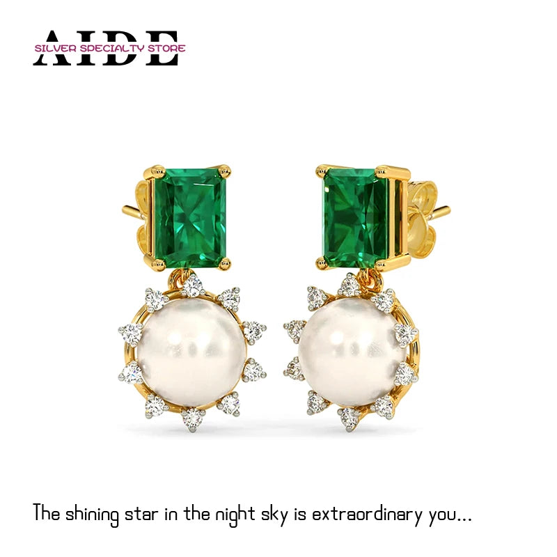 925 Silver Pearl Emerald Zircon Stud Earrings Fine Jewelry Gift