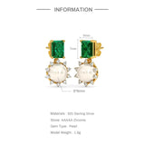 925 Silver Pearl Emerald Zircon Stud Earrings Fine Jewelry Gift
