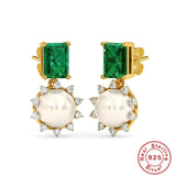 925 Silver Pearl Emerald Zircon Stud Earrings Fine Jewelry Gift