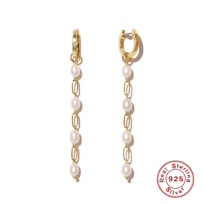 925 Silver Vintage Pearl Tassel Hoop Earrings Chians Drop Piercing
