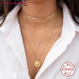 CZ 925 Silver Necklace Women Round Pendant Choker Bijoux Collar