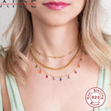 Colorful Diamond Chain Choker Necklace 925 Sterling Silver Jewelry