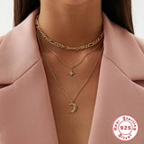 Double Layered Cross Star Moon Dangle Collar Necklace 925 Sterling Silver