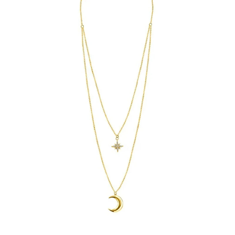 Double Layered Cross Star Moon Dangle Collar Necklace 925 Sterling Silver