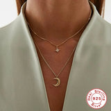 Double Layered Cross Star Moon Dangle Collar Necklace 925 Sterling Silver