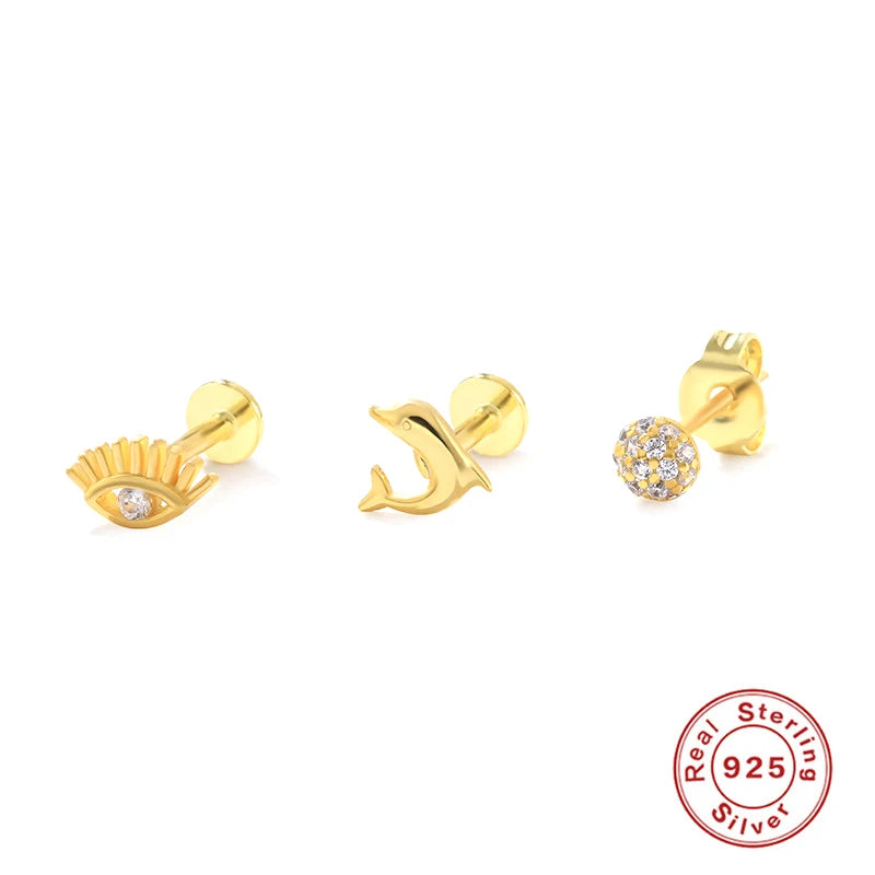 925 Silver CZ Stud Earrings Small Pendientes Boucle Oreille Femme