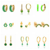 Green CZ Huggie Earrings for Women - Silver Hoop Jewelry