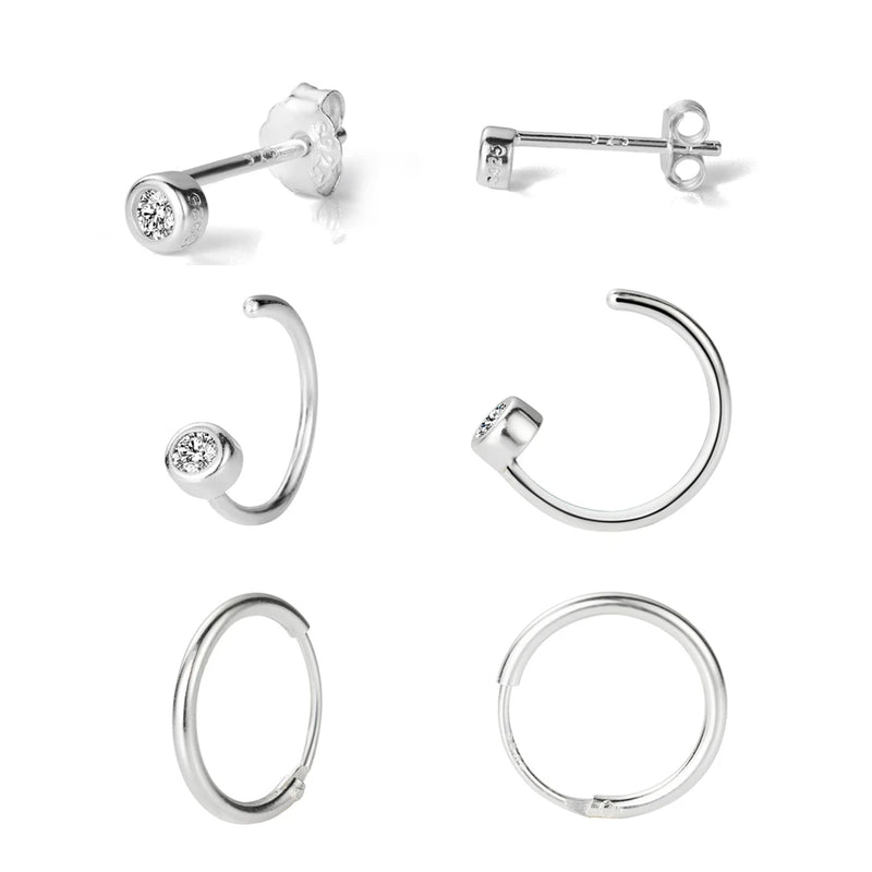 925 Sterling Silver Classic Jewelry Set for Women - 3 Studs, 2 Hoop Earrings