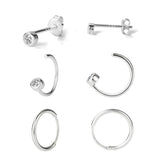 925 Sterling Silver Classic Jewelry Set for Women - 3 Studs, 2 Hoop Earrings
