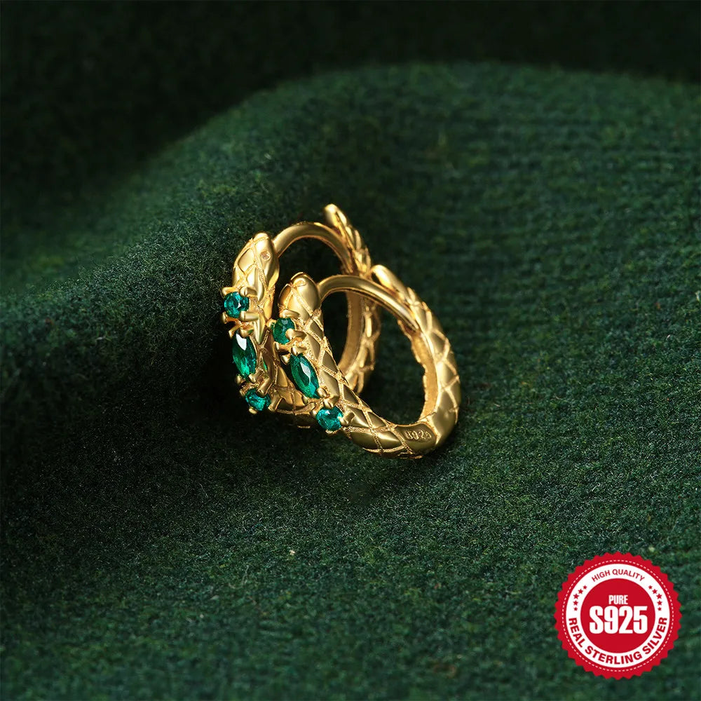 925 Silver Snake Earrings Green Zircon Hoops Vintage Gift